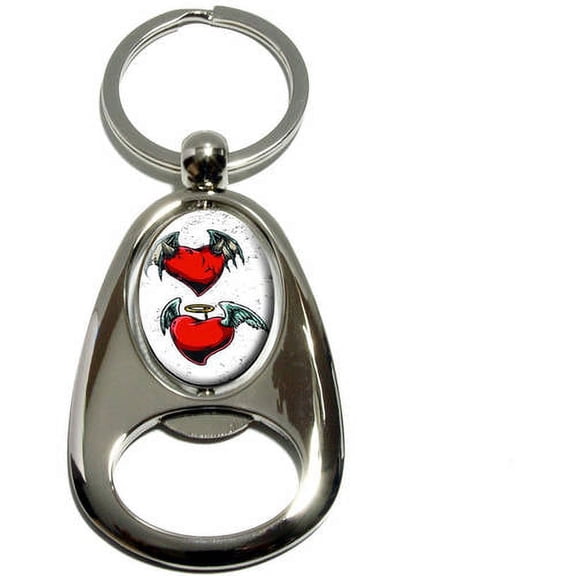 Devil and Angel Hearts, Love Romance Broken, Chrome Plated Metal Spinning Oval Design Bottle Opener Keychain Key Ring