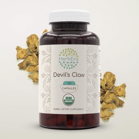 HerbEra Devil's Claw Capsules, Organic Herbal Dietary Supplement for Joint Support, Certified Organic Devil's Claw (Harpagophytum Procumbens) Dried Root Capsules, Natural, 120 Capsules