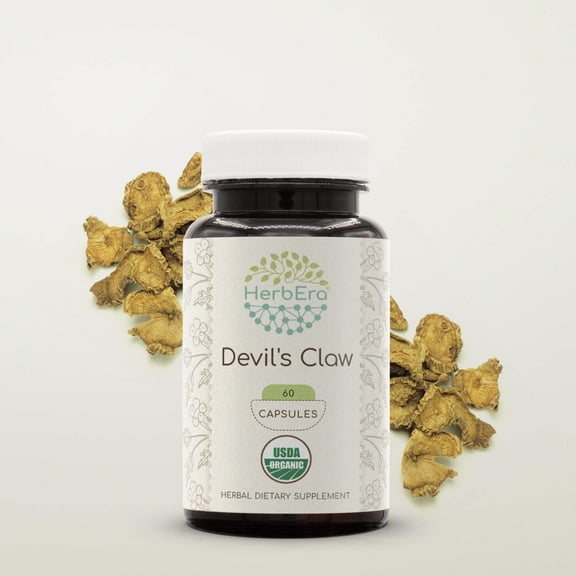 HerbEra Devil's Claw Capsules, Organic Herbal Dietary Supplement for Joint Support, Certified Organic Devil's Claw (Harpagophytum Procumbens) Dried Root Capsules, Natural, 60 Capsules