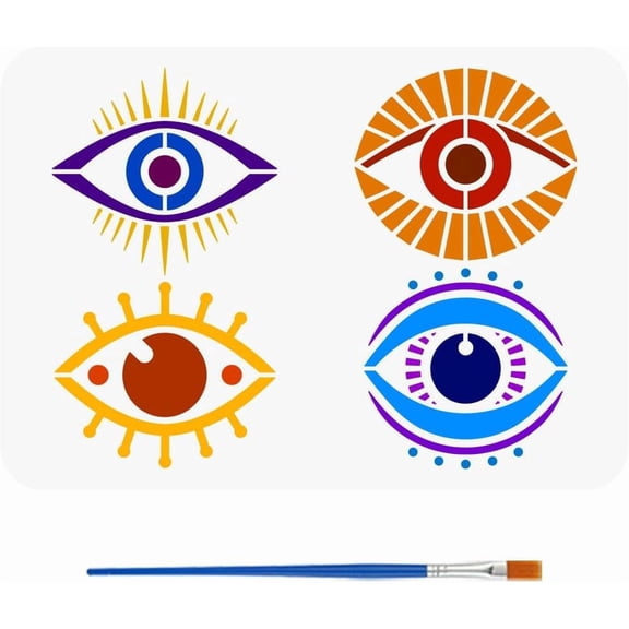 Devil's Eye Stencil with Paint Brush 8.3x11.7inch 4 Styles Evil Eyes Pattern Drawing Template Reusable Evil Eyes Pattern Stencil for Painting on Wall Canvas Tile Furniture Colorful