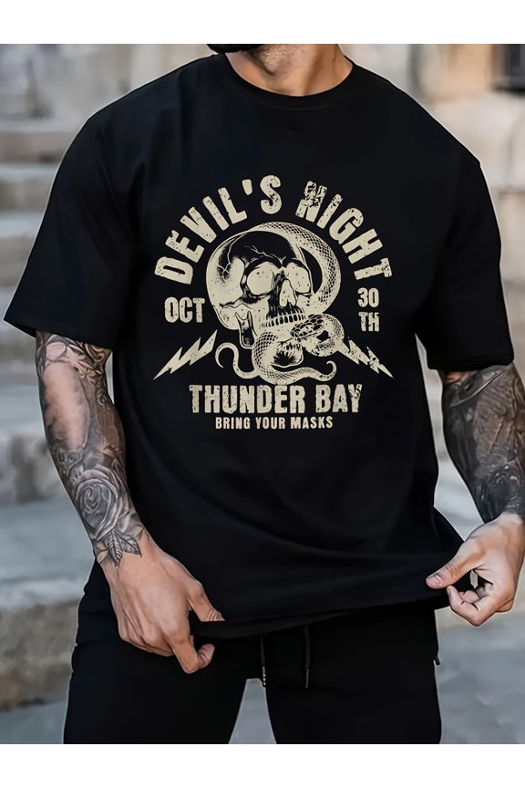 Devil's Night Thunder Bay Graphic T-Shirt - 100% Cotton 180gsm Relaxed Fit Crew Neck Tee with Bold Lightning & Skull Print, Sizes S-3XL, Machine Washable for Casual Streetwear, Parties & Gifts