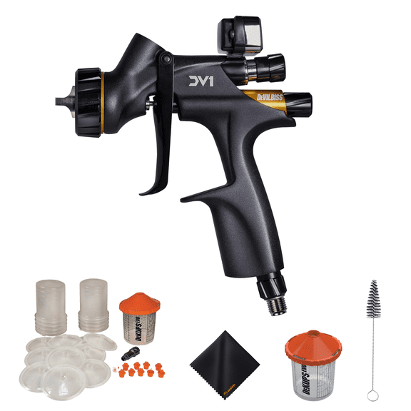 DevilBiss 704521 DV1-C1 Series HVLP Uncupped Clearcoat Spray Gun - (DPV-24-DEMO) EVO 24oz DeKups, (DPC-44) 13in Cup Cleaning Brush, (DPV-24-125-K50) 24oz Cup and Microfiber Cleaning Cloth, Bundle Kit