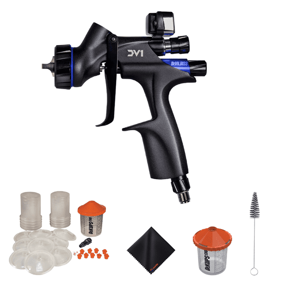 Devilbiss 704504 DV1 Basecoat Spray Gun with DV1-B PLUS HVLP Air Cap, (DPV-24-DEMO) EVO 24oz DeKups, (DPC-44) 13in Cup Cleaning Brush, (DPV-24-125-K50) 24oz Cup & Microfiber Cleaning Cloth, Bundle