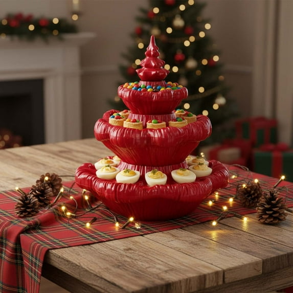 Deviled Egg Christmas Tree Tray, Reusable Ceramic Serving Platter With Lid, Holiday Party Appetizer Dish For 24 Eggs(Red)