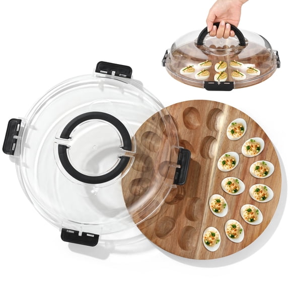 Deviled Egg Container with Lid, Wooden Deviled Egg Tray with 24 Slots, Food Carrier Platter with Locking Cover & Carry Handles for Parties, Picnic, Holiday