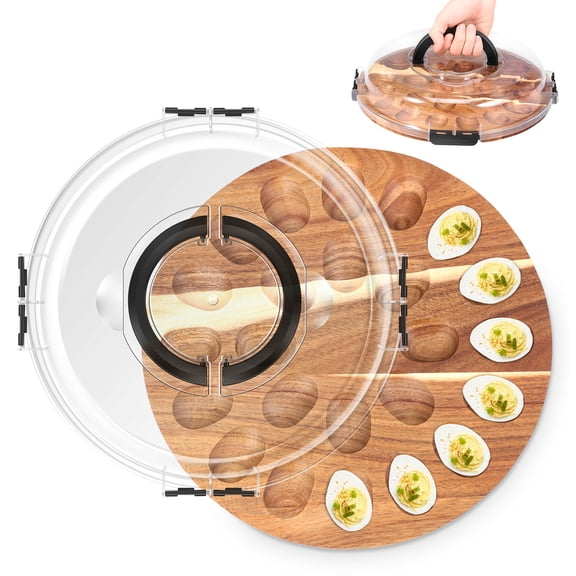 Deviled Egg Container with Lid Wooden Deviled Egg Platter Carrier Holder Trays with 24 Slots for Party and Home Kitchen Clear Lid