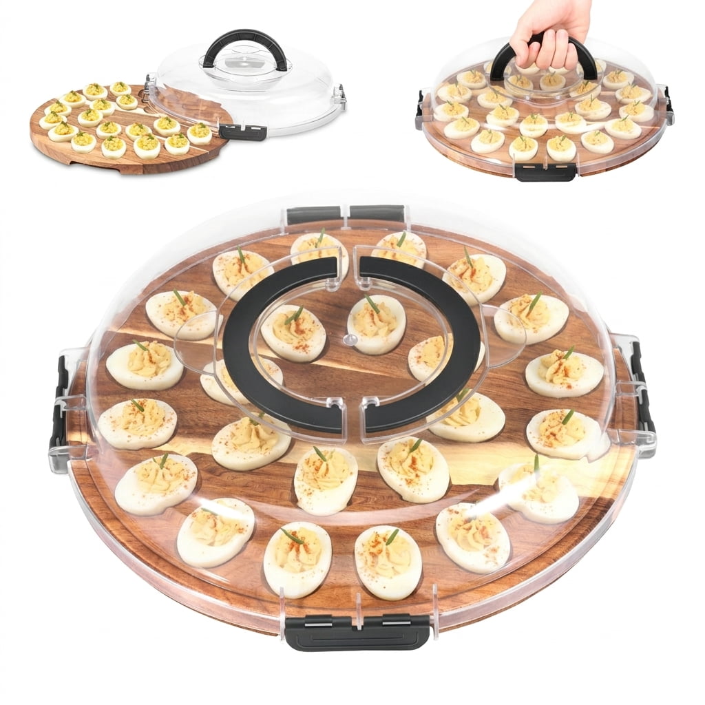 Tcwhniev Deviled Egg Container with Lid, 24 Slot Wooden Deviled Egg Tray & Carrier, Portable Egg Storage Platter for Party, Kitchen & Home Use