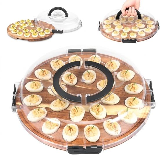 Tcwhniev Deviled Egg Container with Lid, 24 Slot Wooden Deviled Egg Tray & Carrier, Portable Egg Storage Platter for Party, Kitchen & Home Use