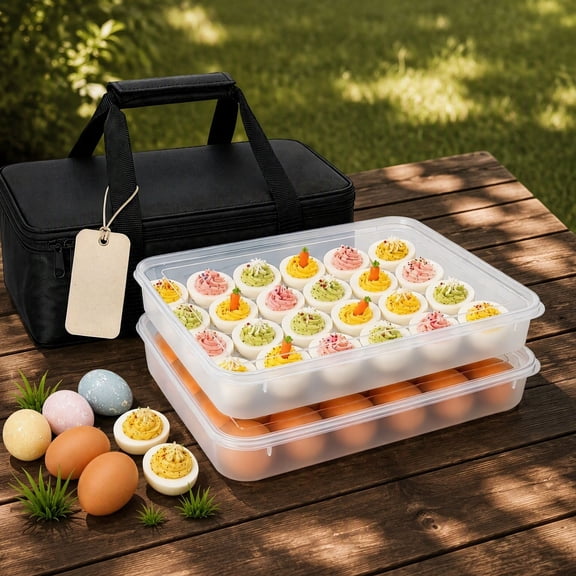 Deviled Egg Containers with Lid, Set of 2 Plastic Egg Holder for Refrigerator, Holds 48 Eggs, Clear Stackable Egg Tray with Portable Insulated Bag for Party, Picnic, Fridge Storage