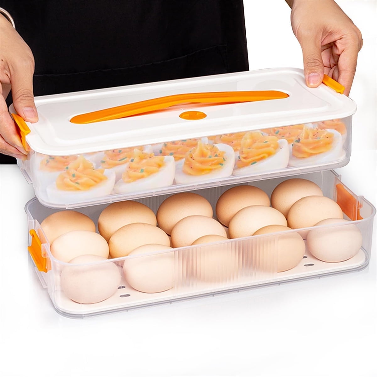 Deviled Egg Containers with Lid Tutuviw Clear Storage Egg Platter for Devil Egg,Deviled Egg Tray Carrier with Handle Deviled Egg Carrier Tray Stackable Egg Holder for Kitchen Easter (2 Layer)