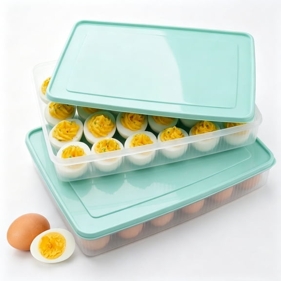 Deviled Egg Containers with Lid, 2 Pcs Portable Storage Carrier Egg Holder Deviled Egg Tray for Refrigerator Easter Party Holding 48 Eggs, Blue