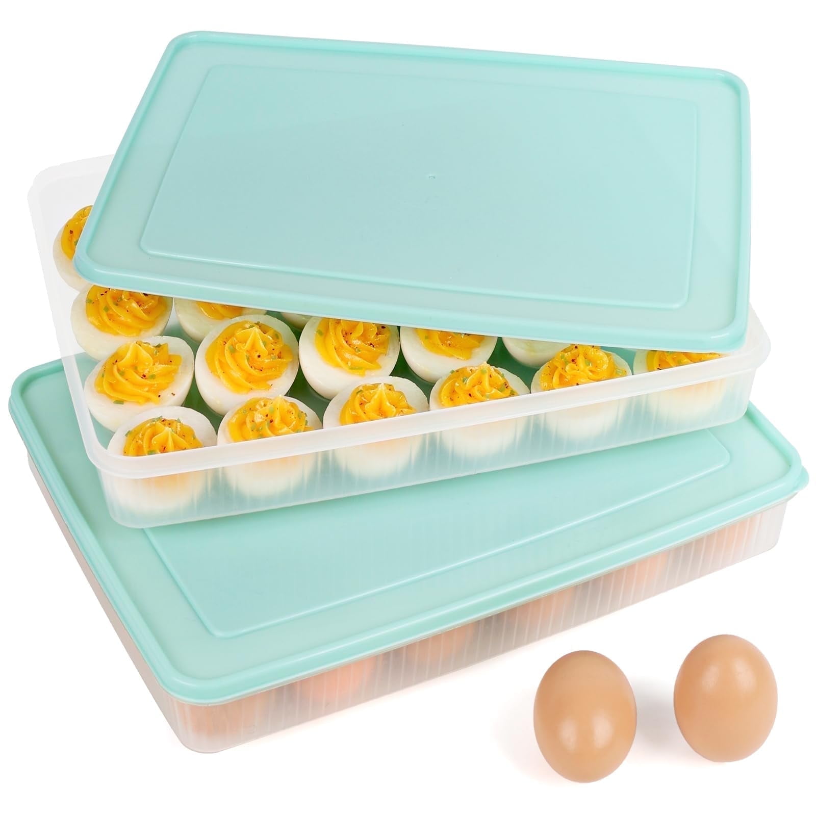 Deviled Egg Containers with Lid, 2 Pcs Portable Storage Carrier Egg Holder Deviled Egg Tray for Refrigerator Easter Party Holding 48 Eggs, Blue