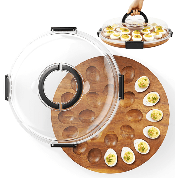 Deviled Egg Containers with Lid, 2026 Upgraded Wooden Deviled Egg Tray Platter with 24 Slots for Party and Home Kitchen, The Lid is Dishwasher Safe