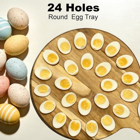 Deviled Egg Platter, 24 Slots Wooden Round Deviled Egg Tray Acacia Wood Egg Holder Serving Tray for Deviled Eggs Charcuterie Board for Kitchen Countertops