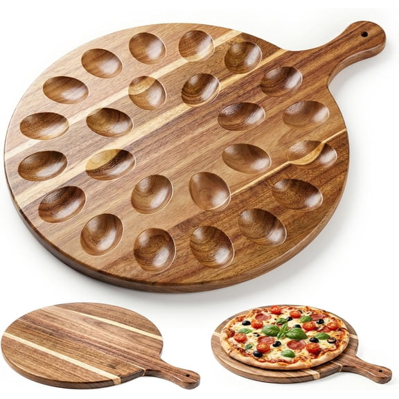 Deviled Egg Platter, Wooden Round Deviled Egg Charcuterie Board Tray Holder Carrier with 24 Holes for Kitchen Countertops