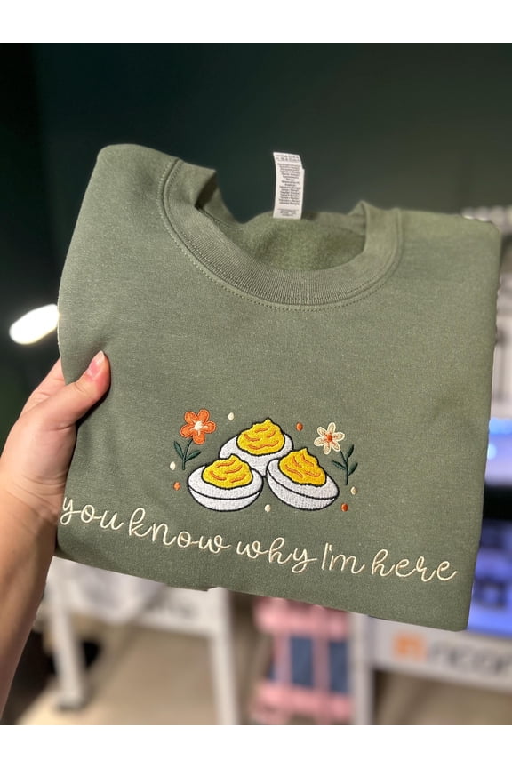 Deviled Eggs Holiday Embroidered Sweater, You Know why I’m here eggs thanksgiving, funny Christmas Thanksgiving embroidered sweater