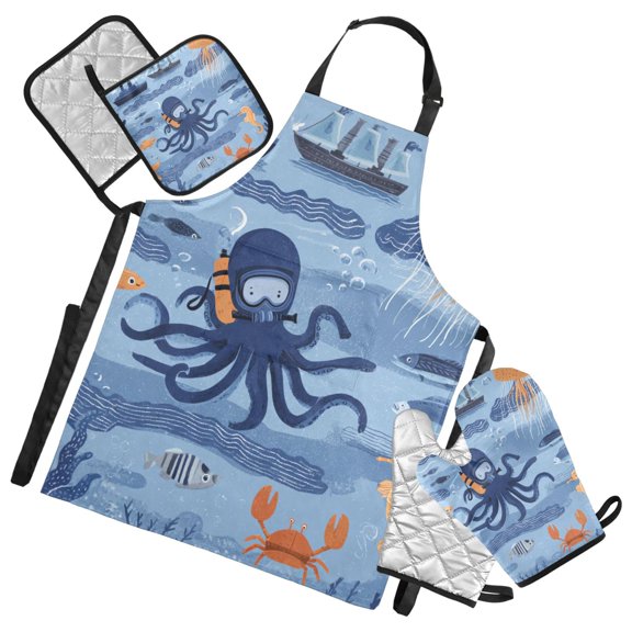 Devilfish Jellyfishes Boats Fishes Apron Set with Oven Mitts Pot Holders Set of 5 Kitchen Stuff Accessories