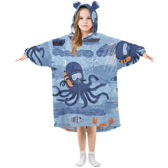 Devilfish Jellyfishes Boats Fishes Flannel Wearable Blankets Hooded Design Long Sleeves Wrap Unisex for 3T-14Y S