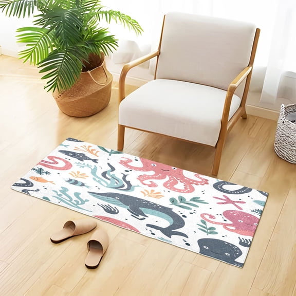 Devilfish Whale Fish Water Plants Plush Carpet Non Slip Runner Rug Absorbent Bath Mat 39" x 20"