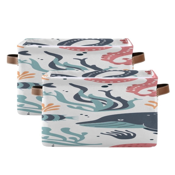 Devilfish Whale Fish Water Plants Square Storage Bins with Handles Collapsible Containing Box 2 Packs