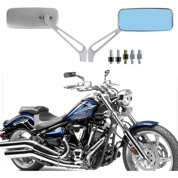 Devilmotor Black Rectangle Motorcycle Bobber Mirror compatible Cruiser Chopper Smoke Blue 8mm-10mm (Silver)_Premium Gift
