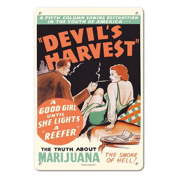 Devils Harvest - The Truth About Marijuana - The Smoke of Hell - Vintage Exploitation Film Movie Poster c.1942 - 8 x 12 inch Vintage Metal Tin Sign