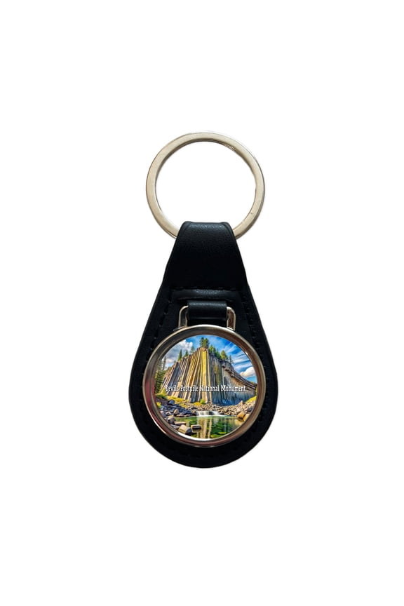 Devils Postpile National Monument California Metal Black Leather Keychain