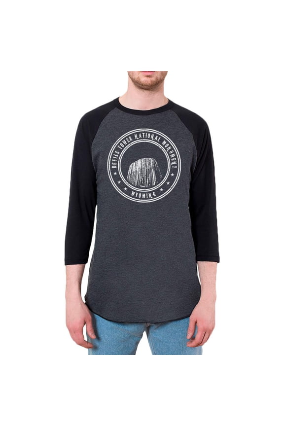 Devils Tower National Monument Mens Raglan T Shirt Heather Black-Black 2XL