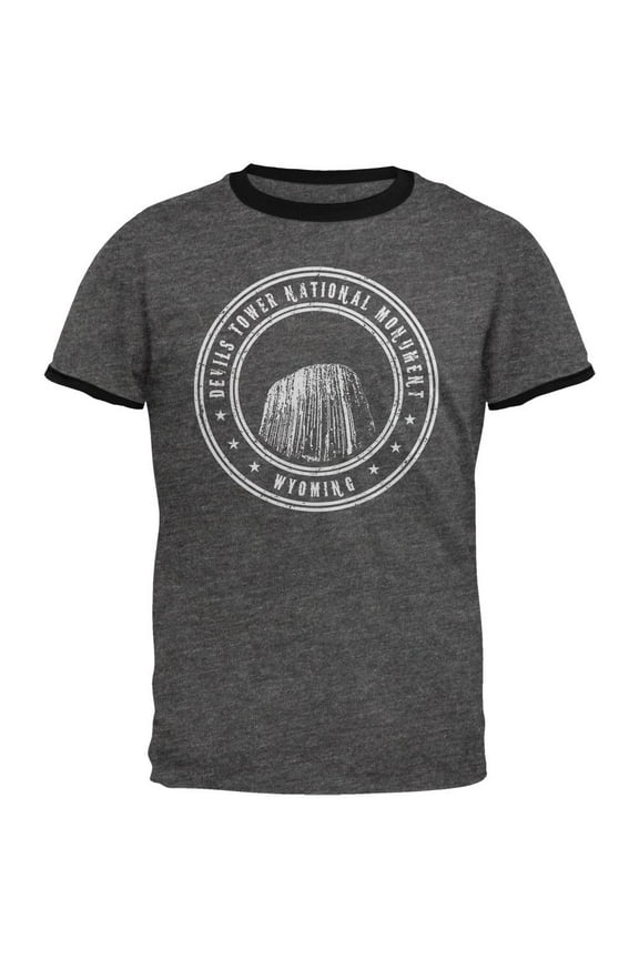 Devils Tower National Monument Mens Ringer T Shirt Dark Heather-Black 2XL