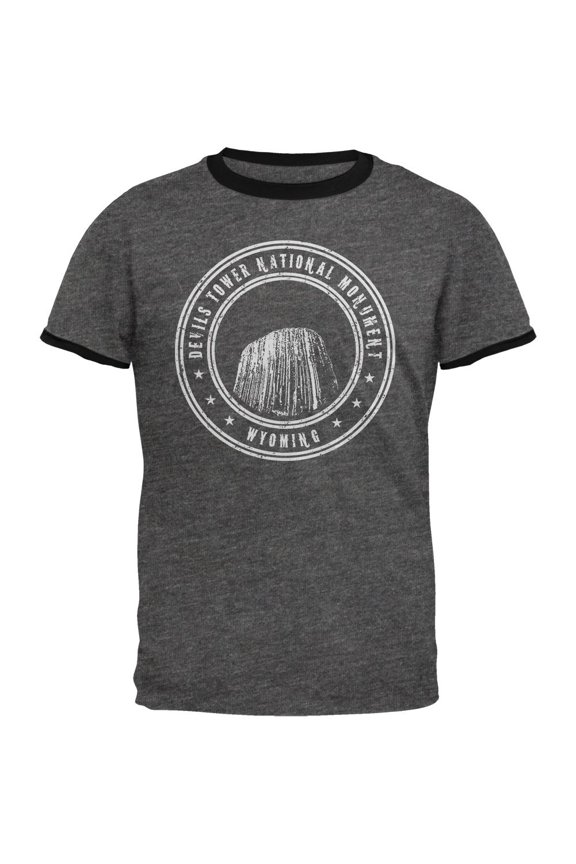 Devils Tower National Monument Mens Ringer T Shirt Dark Heather-Black X-LG