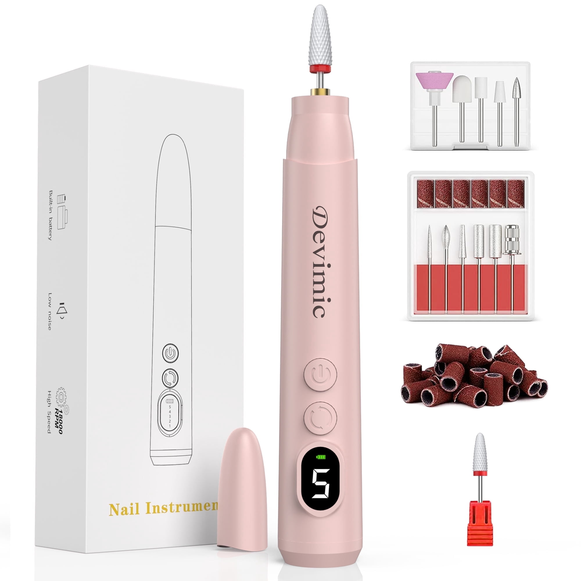 Devimic Electric Nail Drill Kit, Cordless, 5 Speed, LED Display
