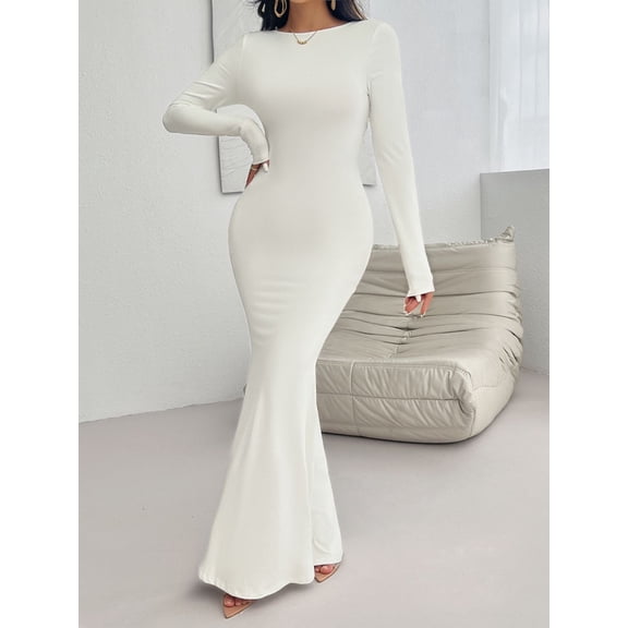 Devine Backless Round Neck Long Sleeve Maxi Dress