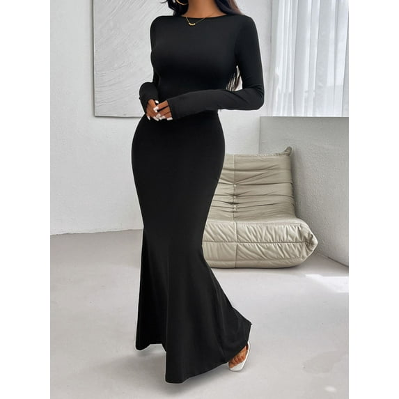 Devine Backless Round Neck Long Sleeve Maxi Dress