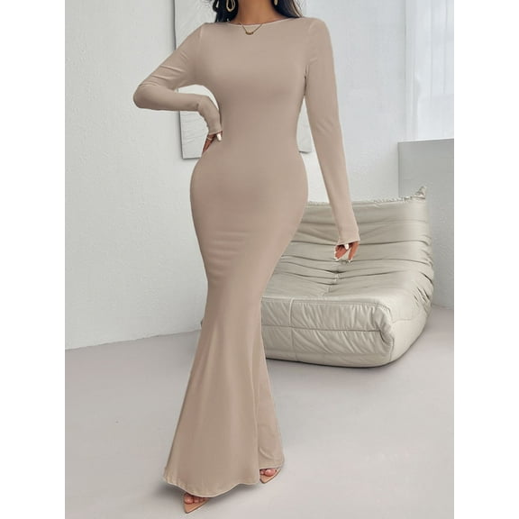 Devine Backless Round Neck Long Sleeve Maxi Dress