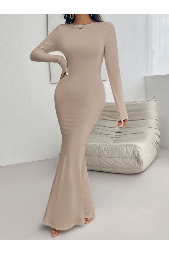 Devine Backless Round Neck Long Sleeve Maxi Dress