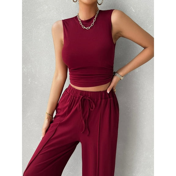 Devine Mock Neck Sleeveless Top and Drawstring Pants Set