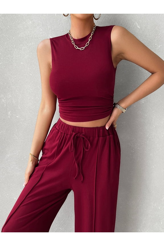 Devine Mock Neck Sleeveless Top and Drawstring Pants Set