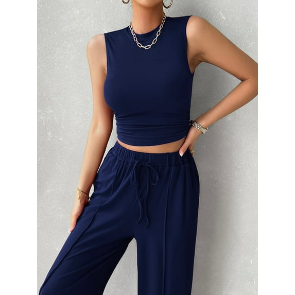 Devine Mock Neck Sleeveless Top and Drawstring Pants Set