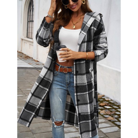 Devine Plaid Long Sleeve Hooded Coat