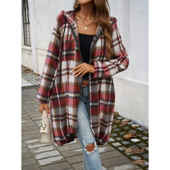 Devine Plaid Zip Up Hooded Coat