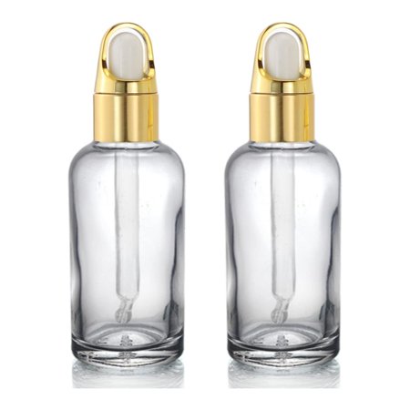 Devinez (Pack of 2 Multipurpose Refillable Transparent Clear Round Glass Bottle, 50 ml with Fancy Golden Glass Dropper for Cosmetics, Serum, Essential