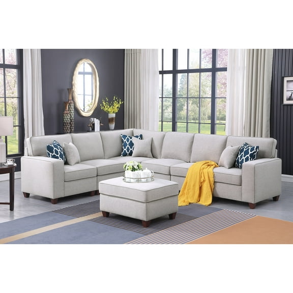 Devion Furniture 7-Piece Upholstered Modern Fabric Sectional with Ottoman-Color:Light Gray