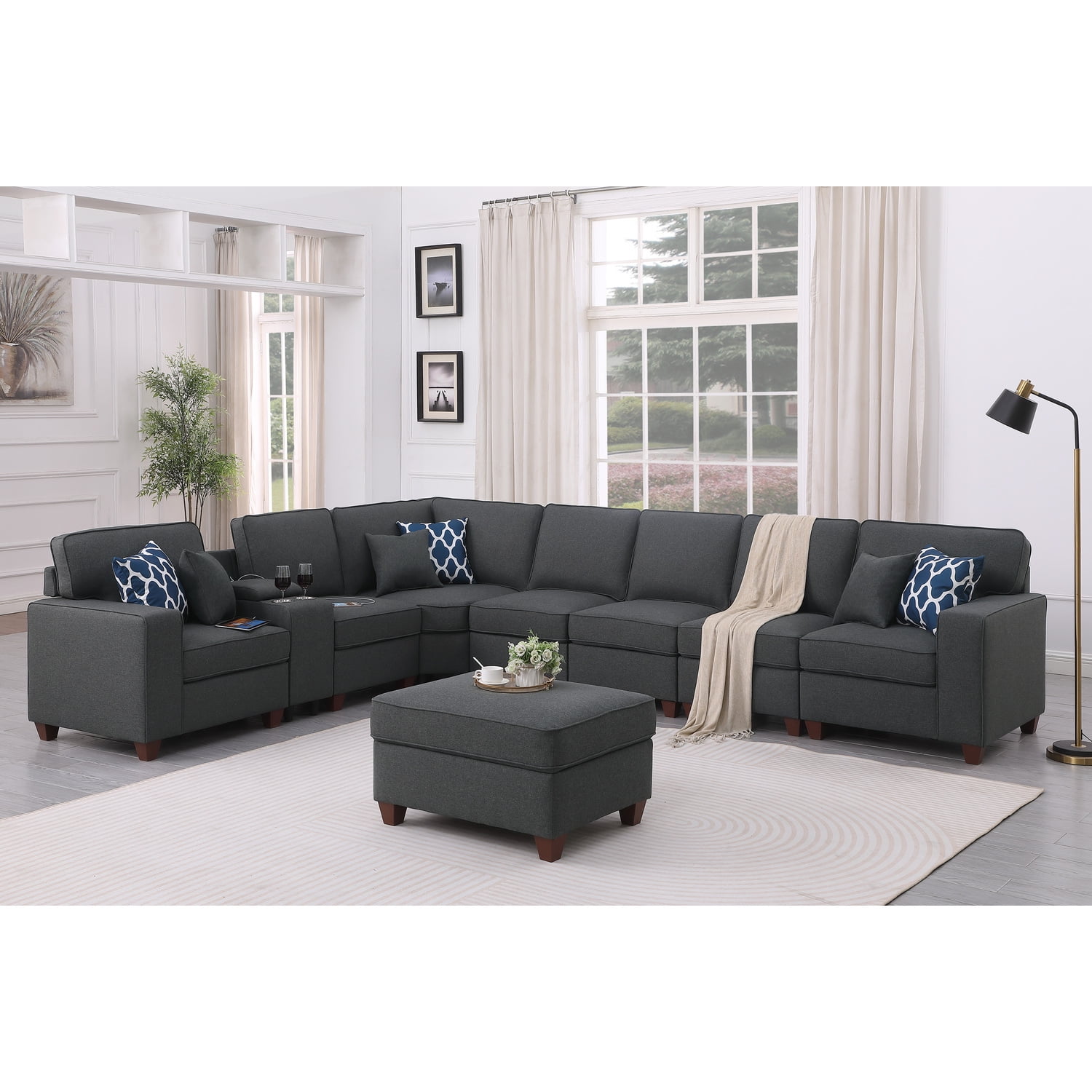 Devion Furniture 8-Piece Upholstered Fabric Sectional with Ottoman in ...