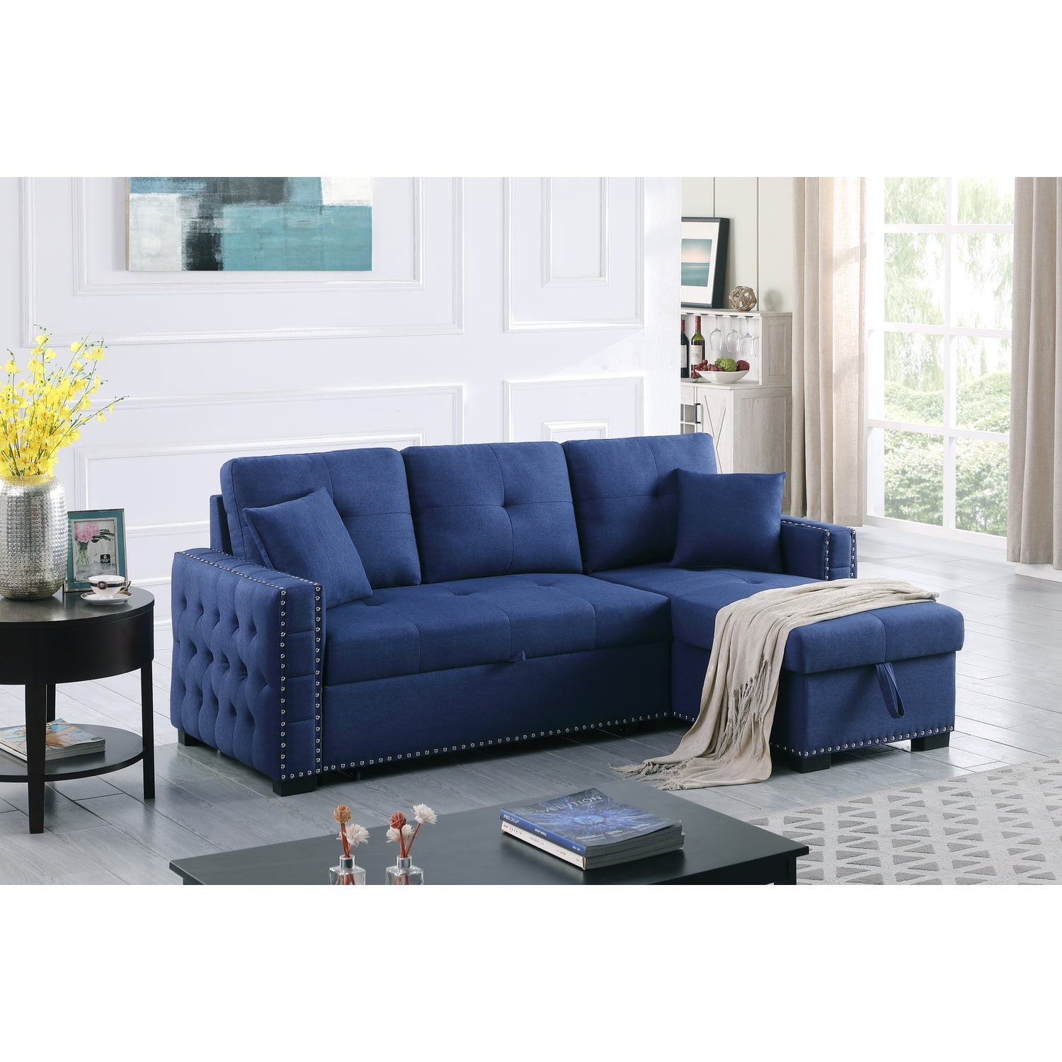 Devion Furniture 83" Wide Reversible Fabric Sleeper Sofa Bed & Storage
