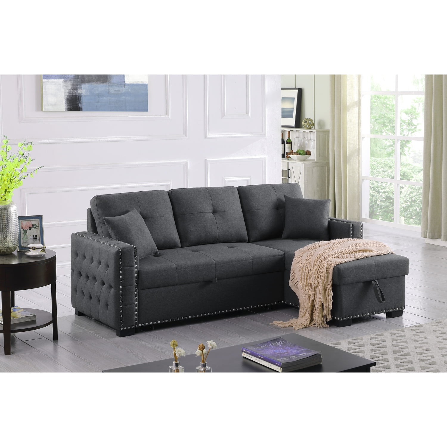 Devion Furniture 83" Wide Reversible Fabric Sleeper Sofa Bed & Storage ChaiseDark Gray