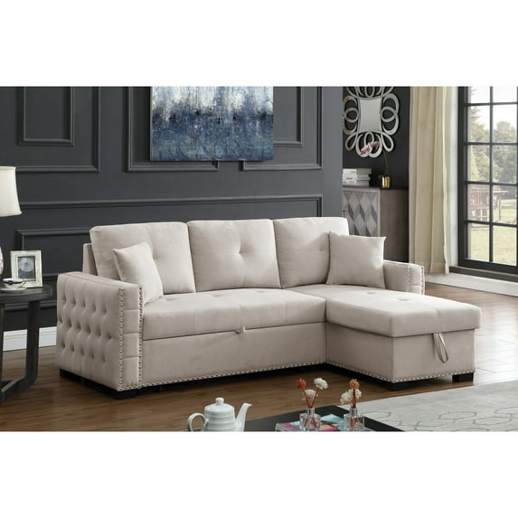 Devion Furniture 83" Wide Reversible Fabric Sleeper Sofa & Storage Chaise-Beige