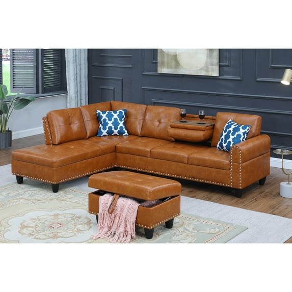 Devion Furniture Faux Leather Nailhead Trim Sectional Sofa with Ottoman, Brown
