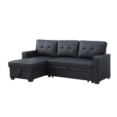 Devion Furniture Faux Leather Reversible Sleeper Sectional Sofa-Black