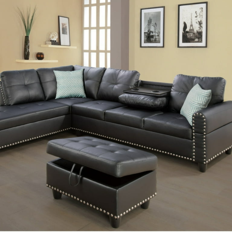 Devion Furniture Faux Leather Sectional Sofa, Black, Storage
