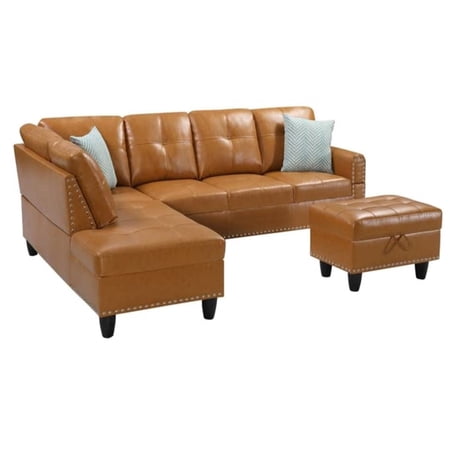 Devion Furniture Modern Faux Leather Sectional Sofa Set, Brown